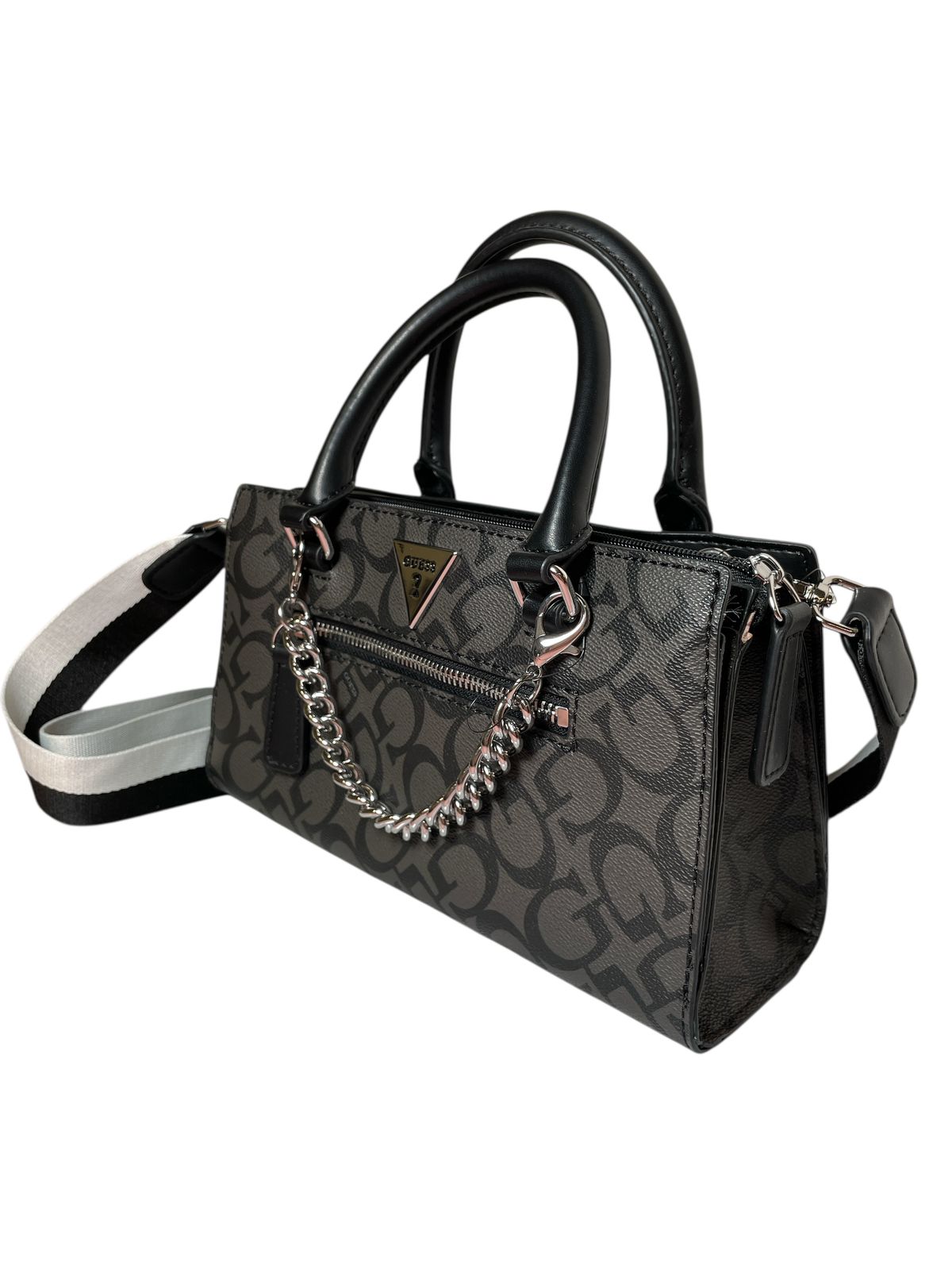 Bolsa Guess Dama Gris con Detalles Negros y Cadena – Original